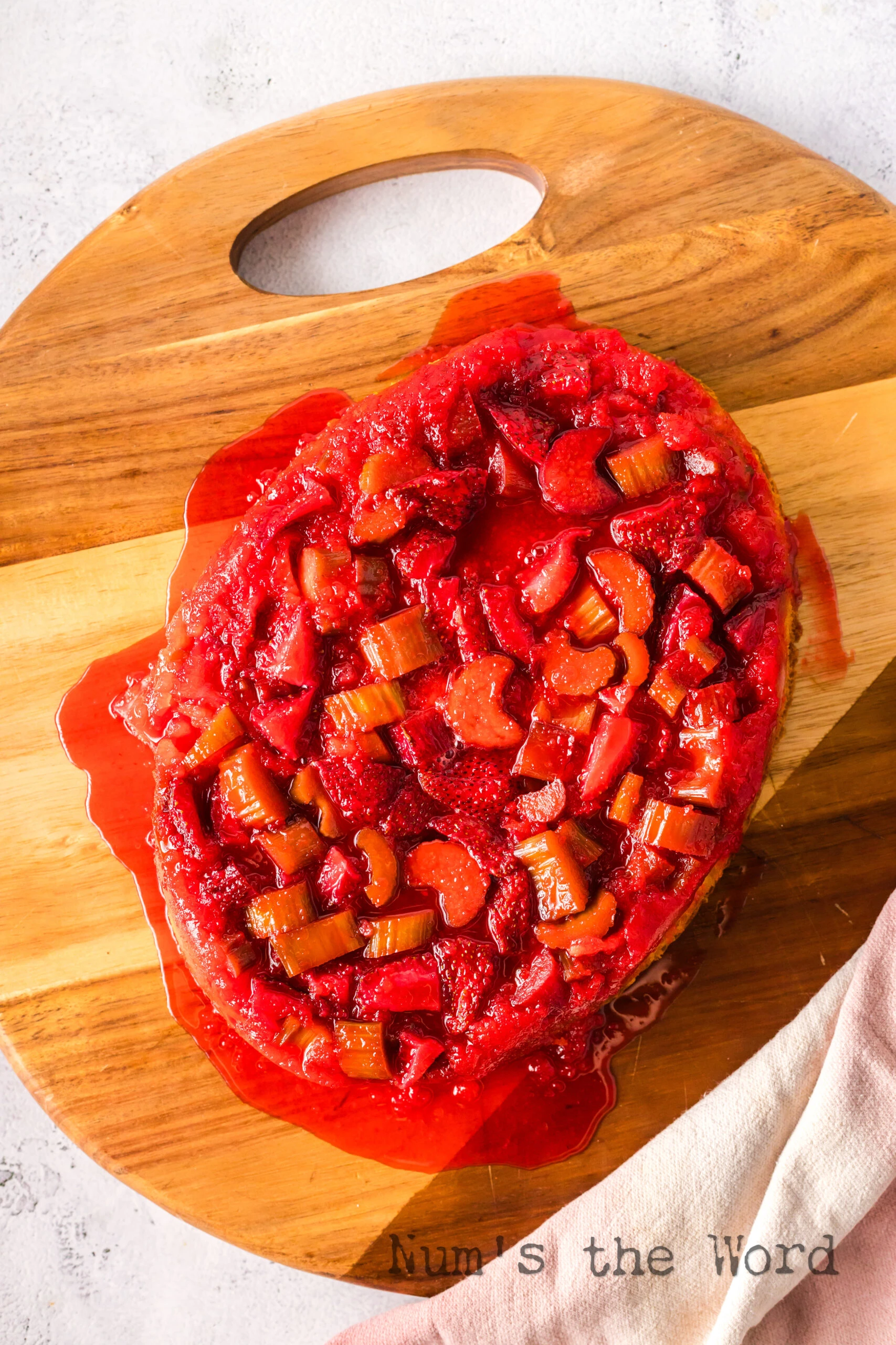 Cake flipped over and onto a serving platter or dish.