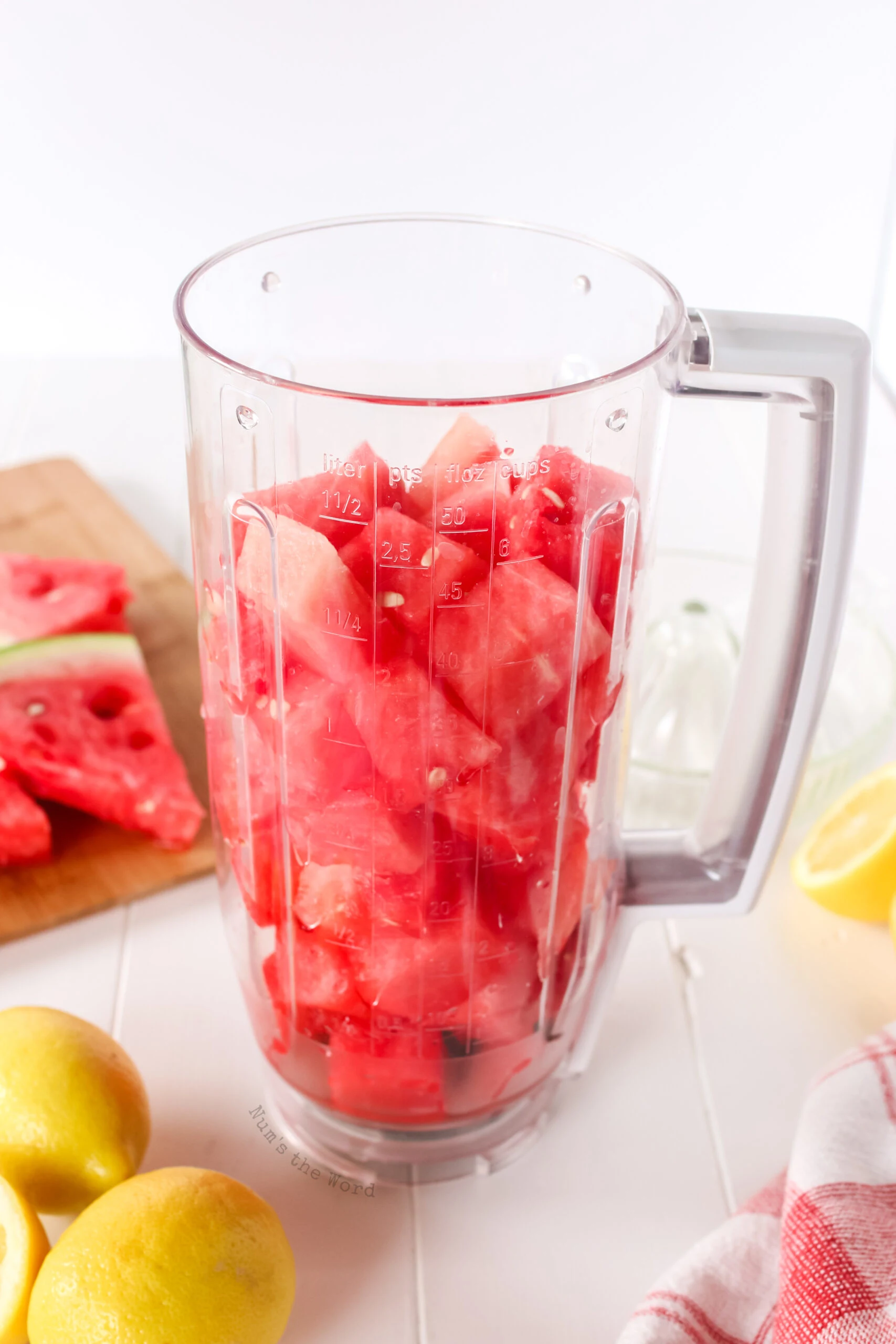 watermelon slices in a blender, unblended.