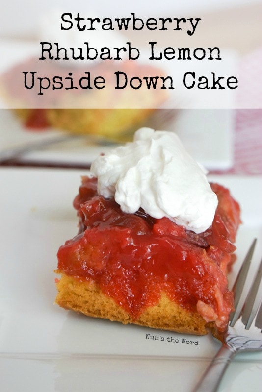 Strawberry Rhubarb Lemon Upside Down Cake Main Image on plate ready to eat