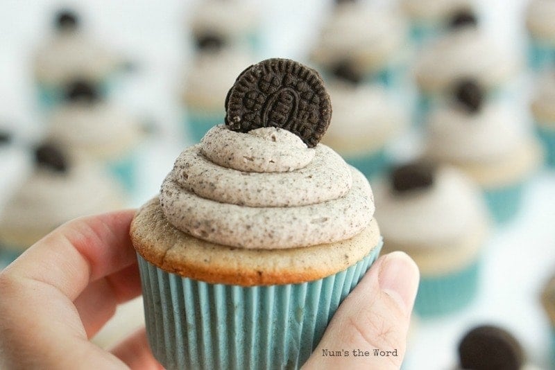 Cookies & Cream Cupcakes - up close cupcake in hand ready to eat
