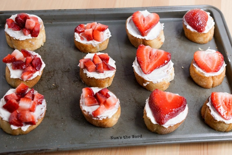 Strawberries & Cream Bruschetta - baguette rounds topped with strawberries