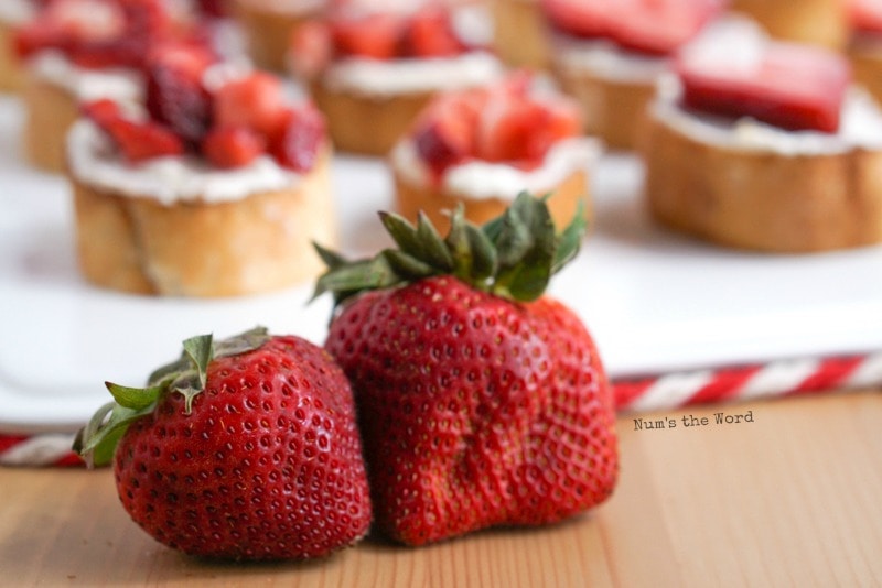 Strawberries & Cream Bruschetta - in the background with fresh picked strawberries in front