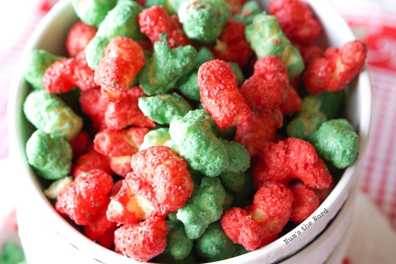 Christmas Puffcorn - super close up of red and green chocolate puffcorn