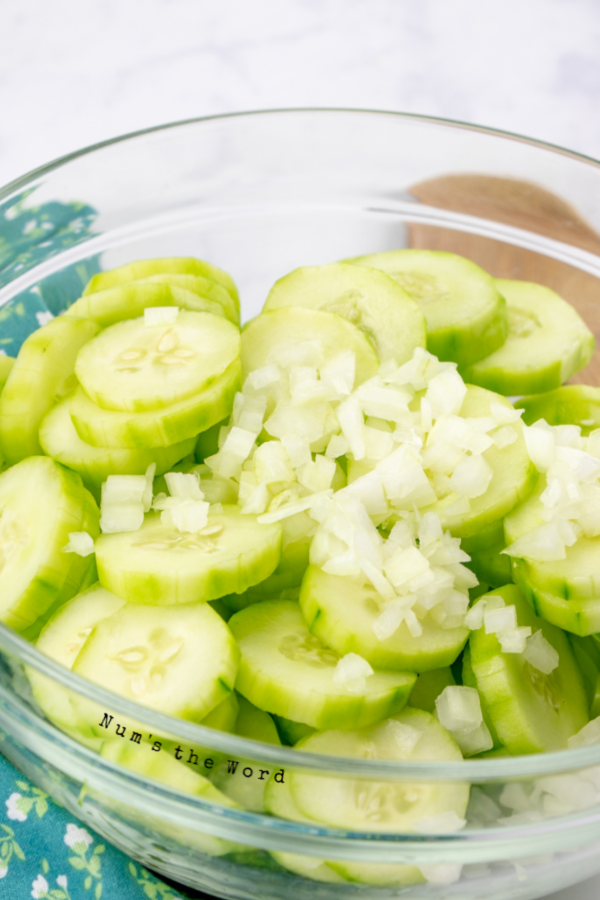 sliced cucumbers and onions in a bowl