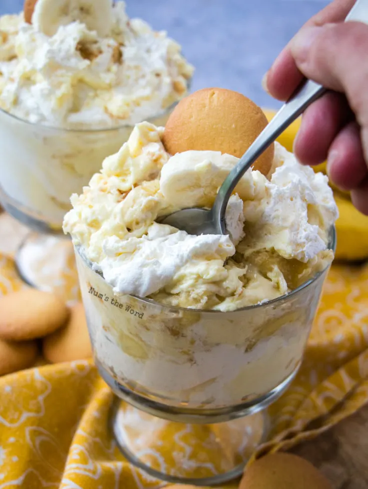 Easy Banana Pudding - spoon in pudding, ready to eat.