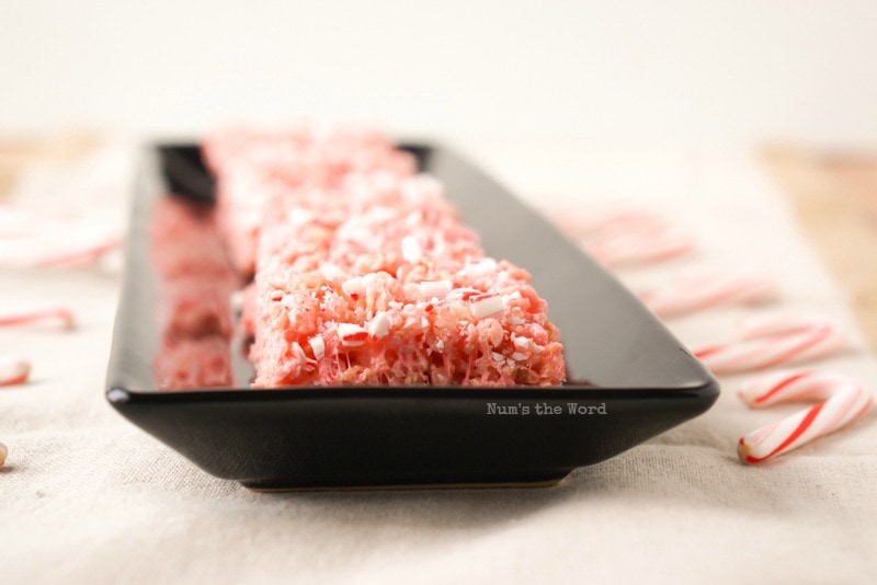 Peppermint Rice Krispy Treats - zoomed out view of single layer of treats on a platter