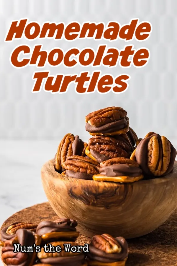 Main image for Homemade Chocolate Turtles Recipe. Turtles in a bowl spilling out onto table.