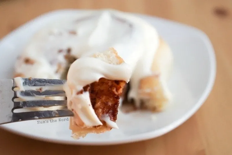 Leftover Mashed Potato Cinnamon Rolls - slice of cinnamon roll on fork