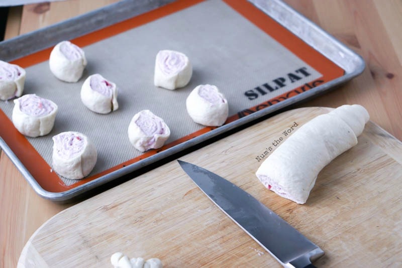 Leftover Cranberry Sauce Roll Ups - sliced up roll ups on cookie sheet