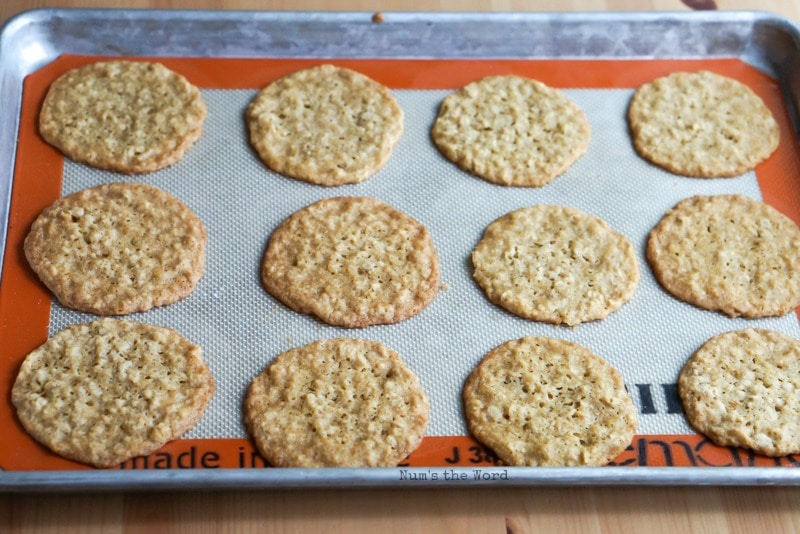 Chewy Oatmeal Lace Cookies - baked cookies on cookie sheet.