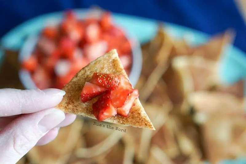 Cinnamon Sugar Tortilla Chips with Diced Strawberries - Holding a tortilla chip with diced strawberries on it