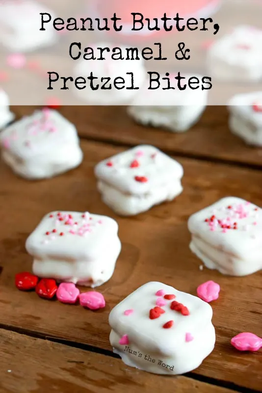 Peanut Butter, Caramel & Pretzel Bites - Main image for recipe of finished pretzels scattered on table