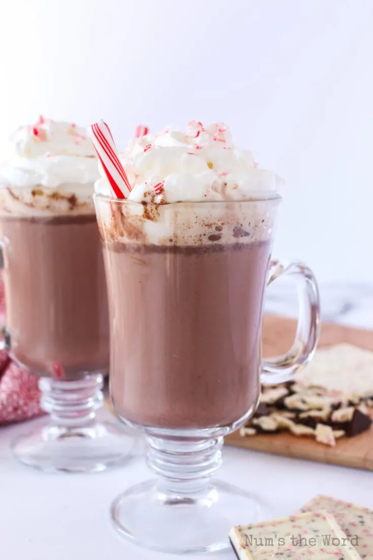 side view of 2 glasses of hot cocoa with whipped cream, a peppermint stick and crushed peppermint on top