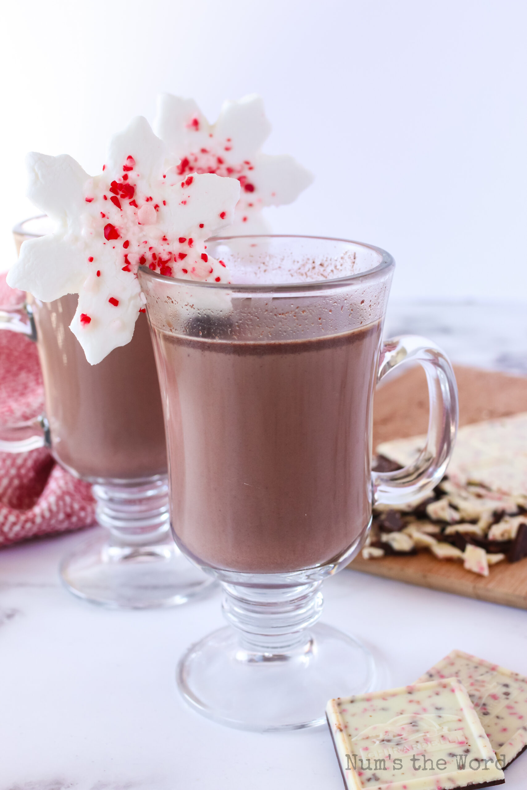 side image of 2 glasses of hot chocolate without whipped cream but with a snowflake marshmallow