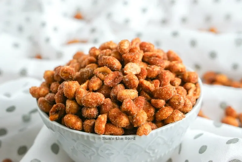 Honey Chipotle Peanuts - side view of nuts in bowl.