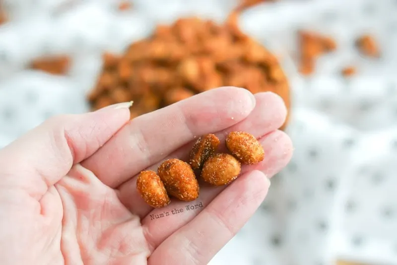 Honey Chipotle Peanuts - holding peanuts in hand to show seasoning up close.