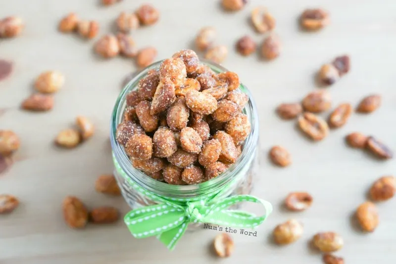 Honey Chipotle Peanuts - peanuts in a jar down side angle