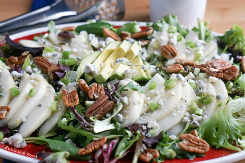 Roquefort Pear Salad - Salad on a platter side angle