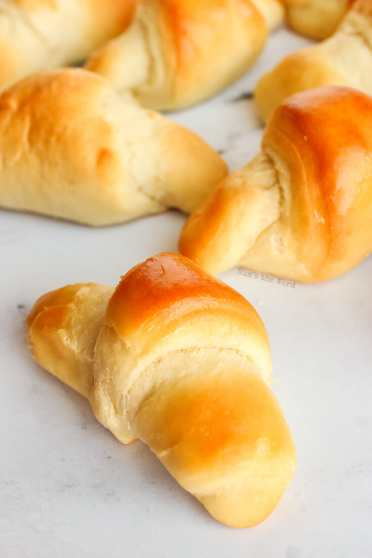 close up of fresh baked rolls on counter.
