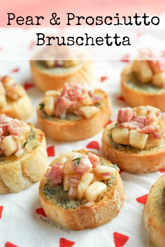 Pear & Proscuitto Bruschetta - Main image for recipe. Several Bruschetta's lined up to be served