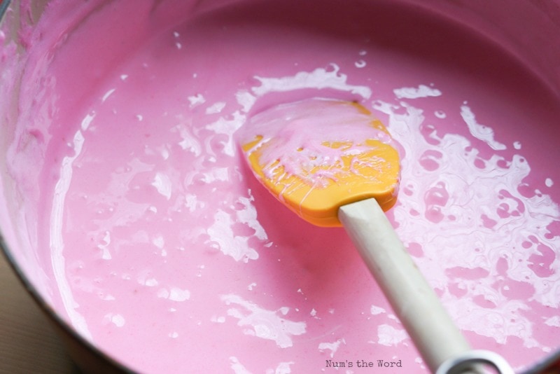 Peeps Popcorn Balls - Peeps fully melted and ready to be poured onto popcorn