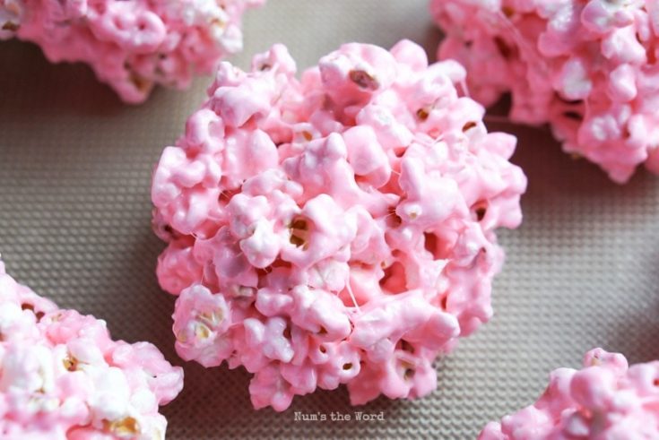 Peeps Popcorn Balls - close up of a single popcorn ball