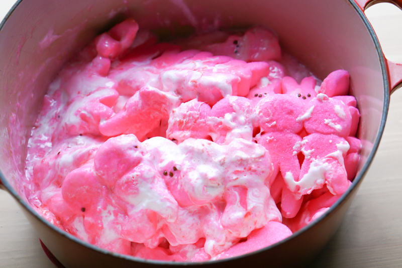 Peeps being melted in the pot, still chunky.