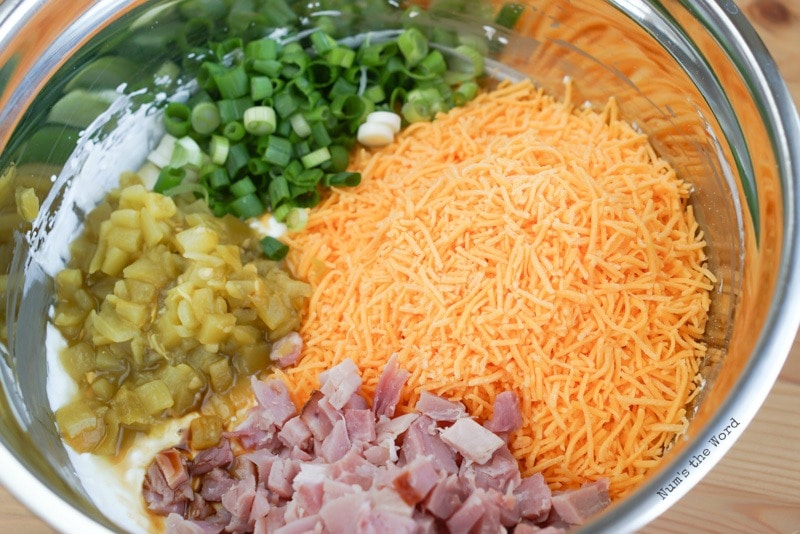 Cheesy Ham Dip in a Bread Bowl - Cheese, green onions, green chilies, ham, jalapenos and Worcestershire sauce added to cream cheese mixture