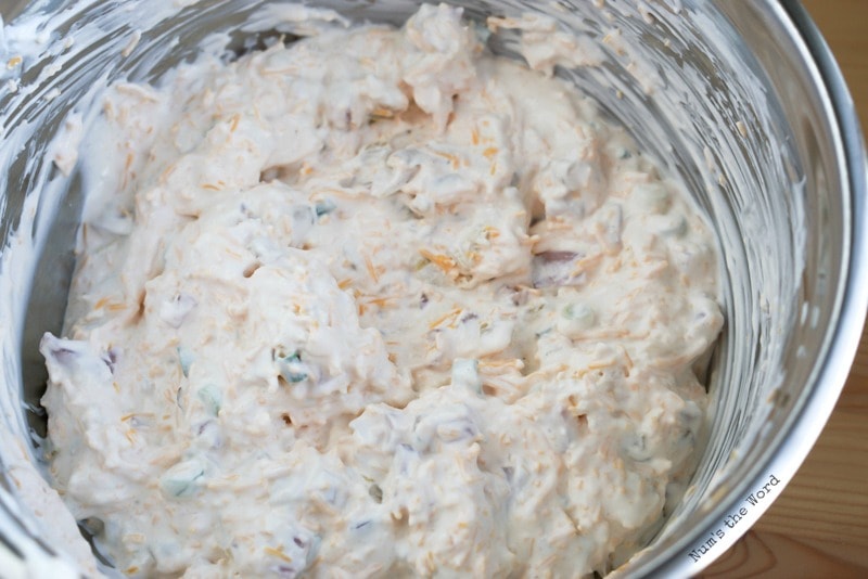 Cheesy Ham Dip in a Bread Bowl - Everything is blended together and ready to go into bread bowl.