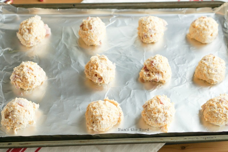 Ham & Cheese Biscuits - dough scooped out onto a cookie sheet