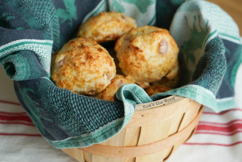 Ham & Cheese Biscuits - zoomed out photo of biscuits in basket