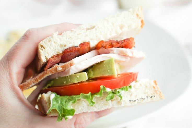 Roasted Turkey & Avocado BLT - holding 1/2 sandwich in hands up close to camera