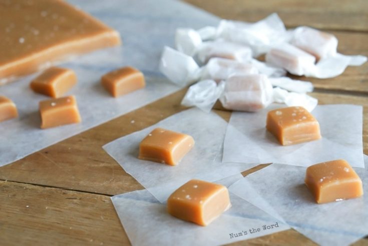Sea Salt Caramels - Caramels laid on individual wax paper ready to be rolled