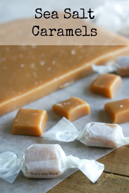 Sea Salt Caramels - Main image for recipe. There are some wrapped caramels, some unwrapped caramels and a slab uncut.