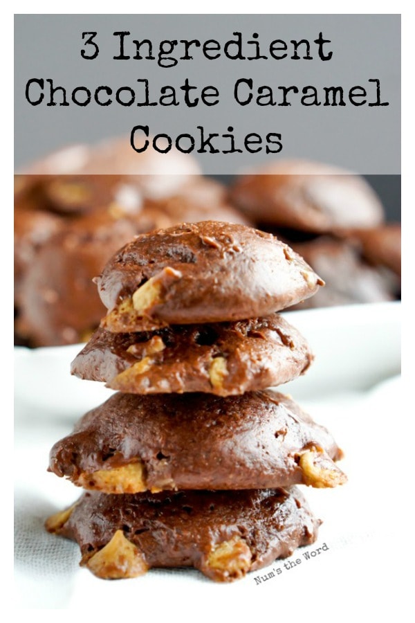 3 Ingredient Chocolate Caramel Cookies - main image for recipe. Cookies on plate in background. In foreground there are 4 cookies stacked on top of each other.