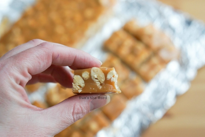 Salted Peanut Caramels - hand holding a caramel to show actual size