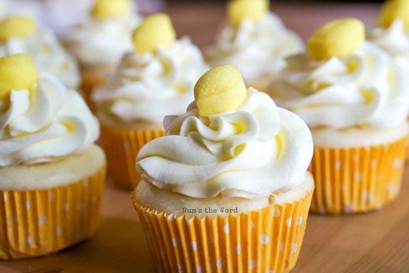Lemon Lover's Cupcakes - finished cupcakes, filled and topped with frosting and a lemon drop on top!
