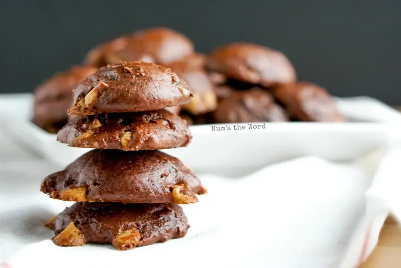 3 Ingredient Chocolate Caramel Cookies - 4 cookies stacked up on each other