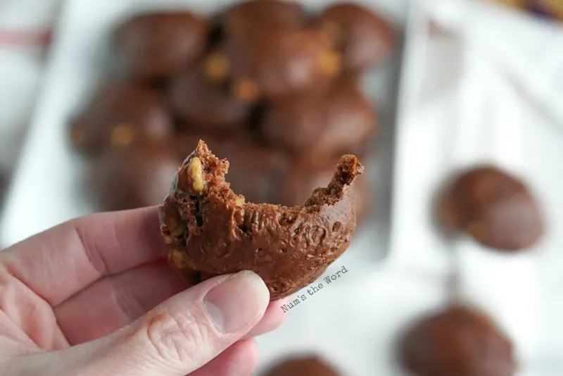 3 Ingredient Chocolate Caramel Cookies - Bite taken out of cookie to show fluffy inside!