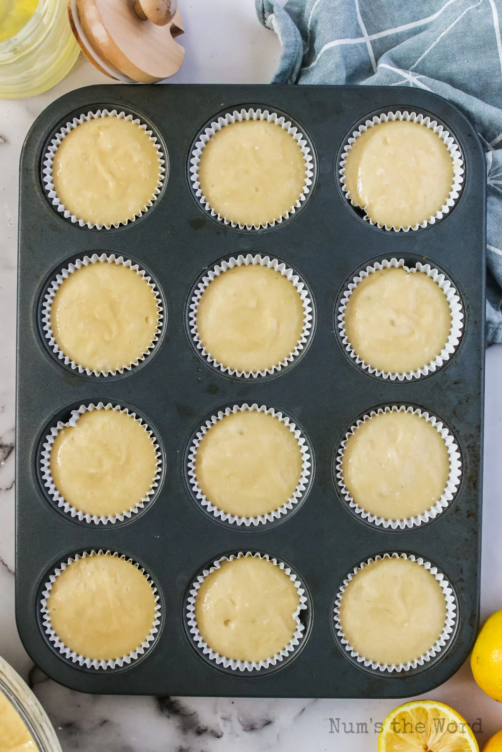 batter poured into 12 cupcake liners