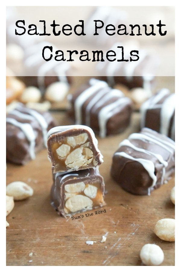 Salted Peanut Caramels - Main image for Recipe of caramels with one cut in half to show insides.