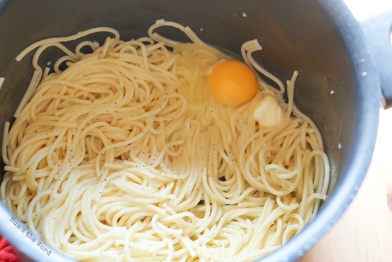 Spaghetti Casserole - Cooked spaghetti with egg, butter and seasonings.