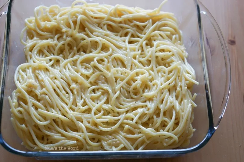 Spaghetti Casserole - Spaghetti placed into a 9x9 casserole dish