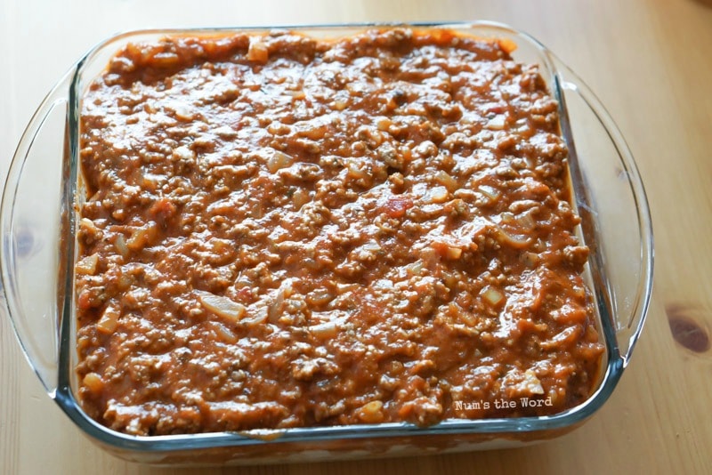 Spaghetti Casserole - Ground Beef mixture placed on top of cottage cheese