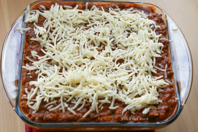 Spaghetti Casserole - Cheese placed on top of ground beef mixture.