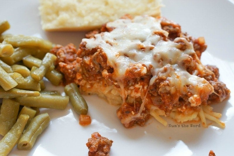 Spaghetti Casserole - close up of casserole on dish