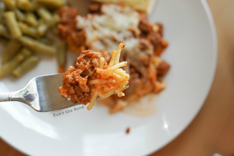 Spaghetti Casserole - fork full of casserole ready to be eaten!