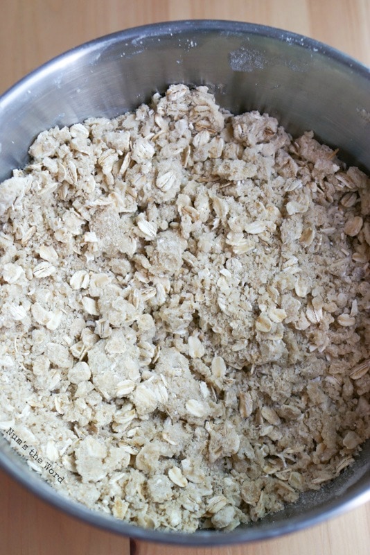 Cherry Rhubarb Crisp - oatmeal, butter, flour, brown sugar and salt in a bowl, mixed to resemble coarse crumbs.