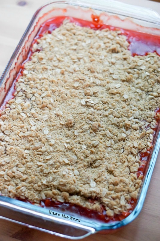 Cherry Rhubarb Crisp - Fresh from the oven with cherry rhubarb filling bubbling at edges.