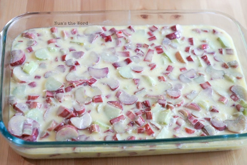 Rhubarb Meringue - rhubarb filling poured onto hot crust and ready to be baked